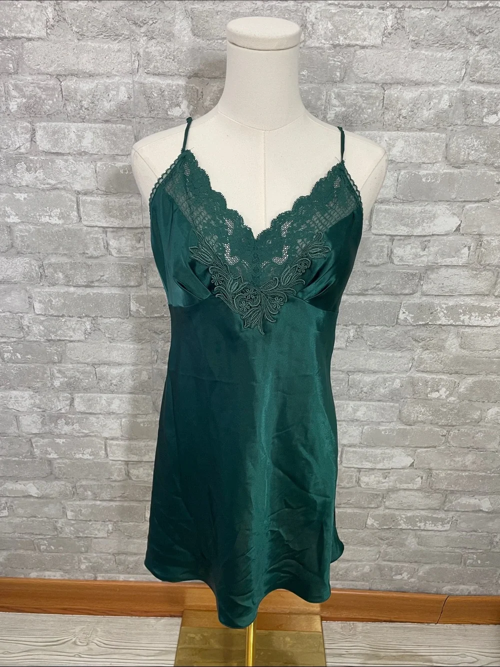 Victoria Secret Green Lace-Trim Satin Chemise